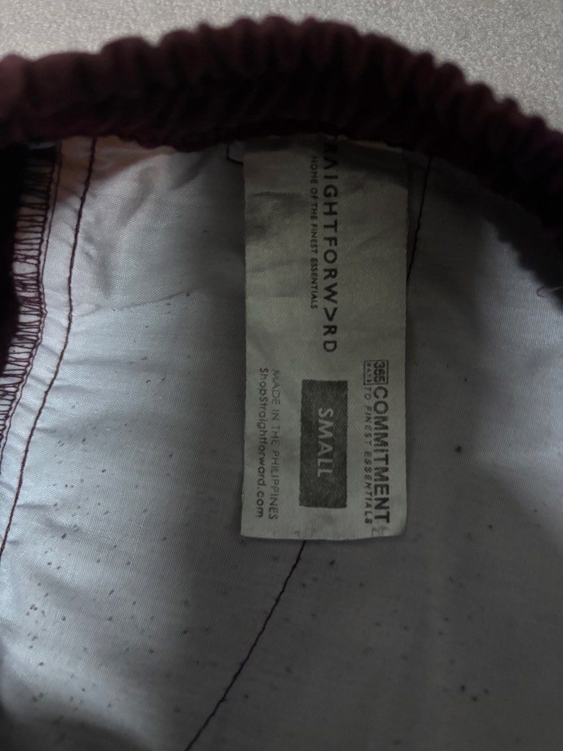 Straightforward Maroon Shorts Size S (Category: Shorts) located in Bacoor. Submitted by arvzzy (Listing ID 1467362461, Image 3). Description: - Brand: Straightforward - Size: S (fits true to size) - Color: Solid deep maroon/red - Material & Design: Clean fabric, elastic waistband with drawstring tie - Features: Convenient back pocket on the right side - Condition: Great everyday basic, ready to wear.