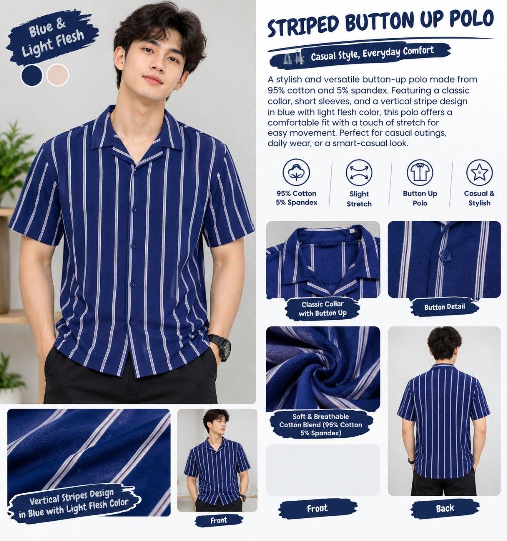 STRIPED BUTTON UP POLO (Category: Tshirts & Polo Shirts ) located in Manila. Submitted by friperie. (Listing ID 1467281696, Image 1). Description: Blue Striped Button-Up Polo – 95% Cotton, 5% Spandex 💙 Classic style with everyday comfort! Upgrade your everyday look with this stylish blue button-up polo featuring elegant vertical stripes in light flesh color. Designed with a classic open collar, short sleeves, and a full button-down front, it off