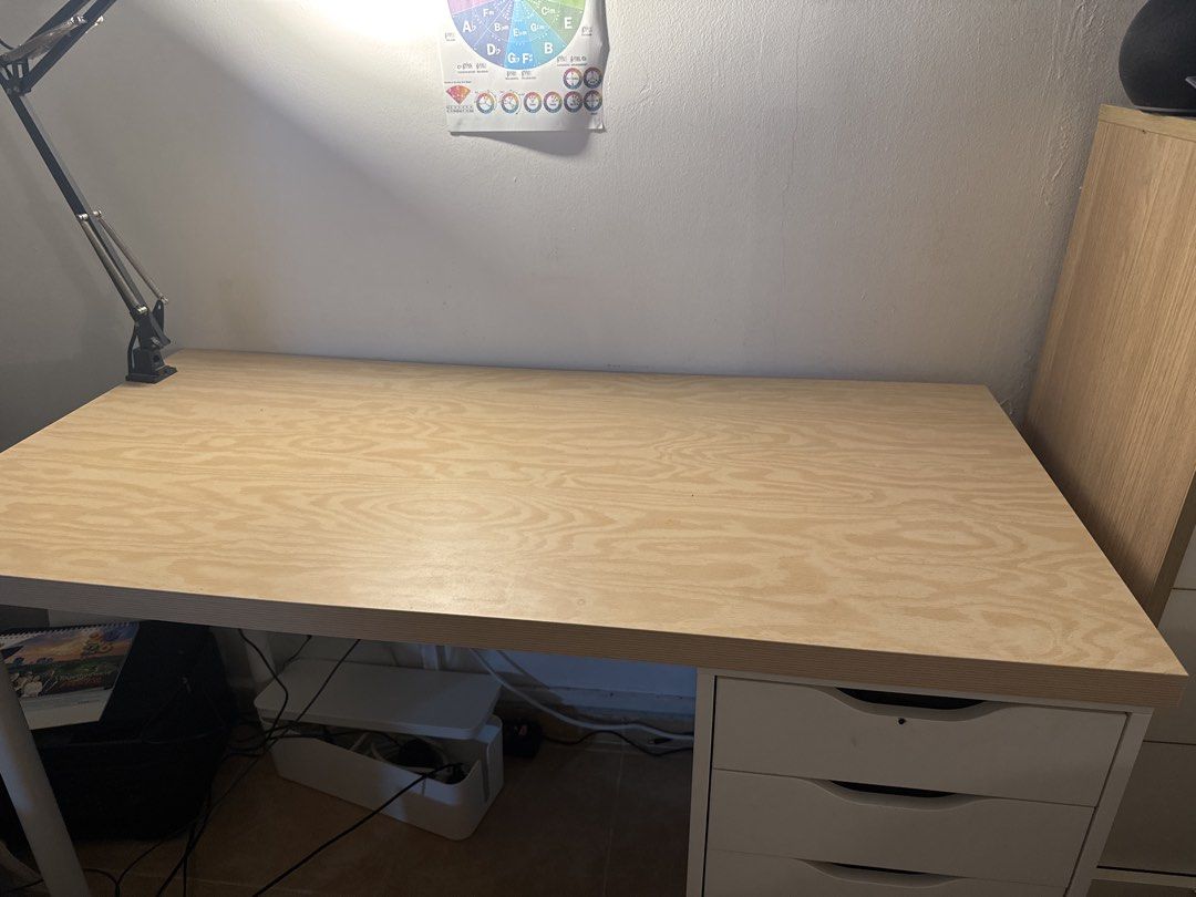 Study table (Category: Tables & Sets) located in Singapore. Submitted by khall (Listing ID 1467280090, Image 3). Description: - Spacious workstation - Includes a white 5-drawer - Ready for self-pickup (arrange own delivery) Table top: Width - 61cm Length - 120cm Height - 74cm 5 drawers Drawer dimensions: Length - 30cm Width - 52cm.