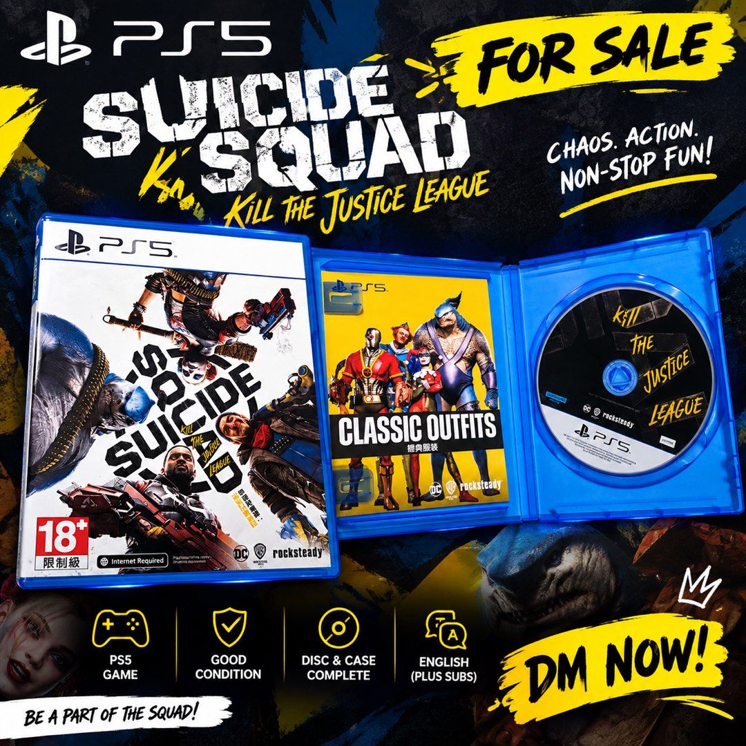Suicide Squad Kill The Justice League PS5 (Category: PlayStation) located in Lucena. Submitted by lcndeclutter (Listing ID 1467243223, Image 1). Description: - Platform: PlayStation 5 (PS5) - Condition: Physical disc in clean, working condition with original case - Inclusions: Original game case and classic outfits insert - Language: English audio with supported subtitles - Rating: Rated 18+ for mature content - Mode: Action-adventure shooter rea