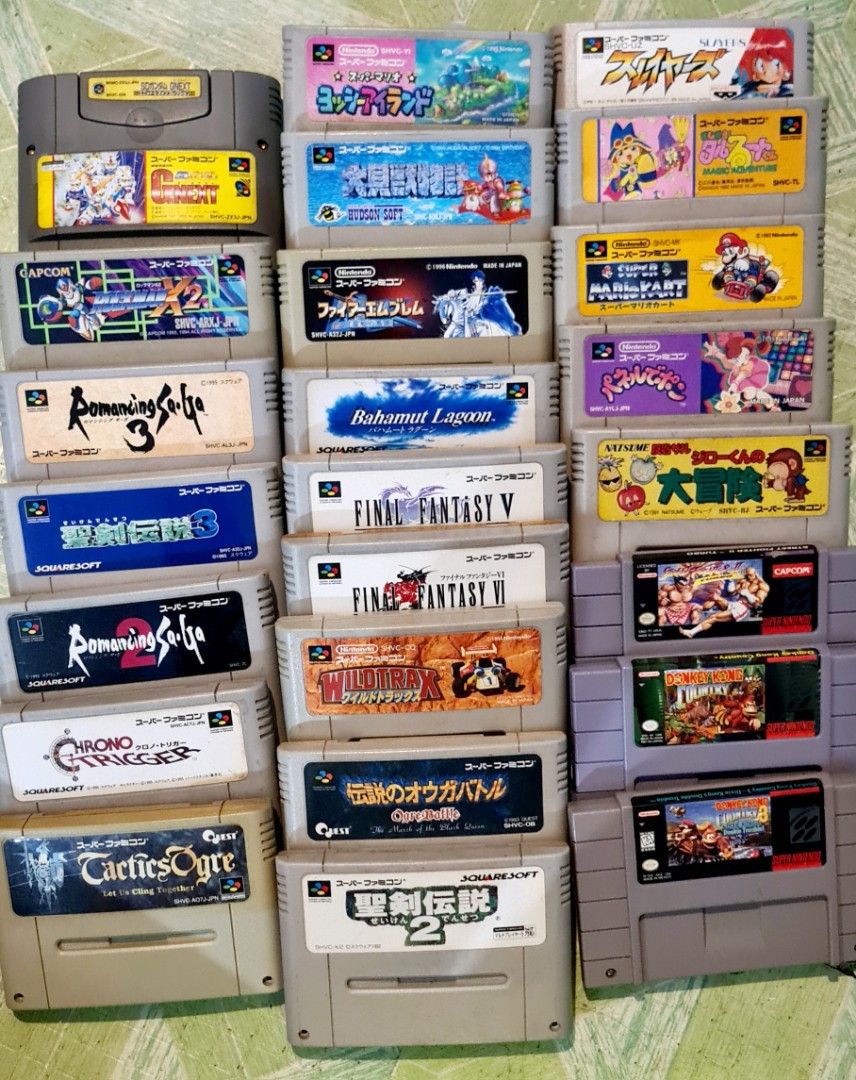 Super Nintendo and Super Famicom Games (Category: Nintendo) located in Manila. Submitted by cats_and_dogs_charity (Listing ID 1467311701, Image 2). Description: - Massive bundle of SNES and Super Famicom game cartridges - Includes iconic titles: Chrono Trigger, Final Fantasy V & VI, Ogre Battle, Romancing SaGa series, Donkey Kong Country, Street Fighter II Turbo, and Super Mario World - Mixed Japanese (Super Famicom) and US (SNES) versions - Idea