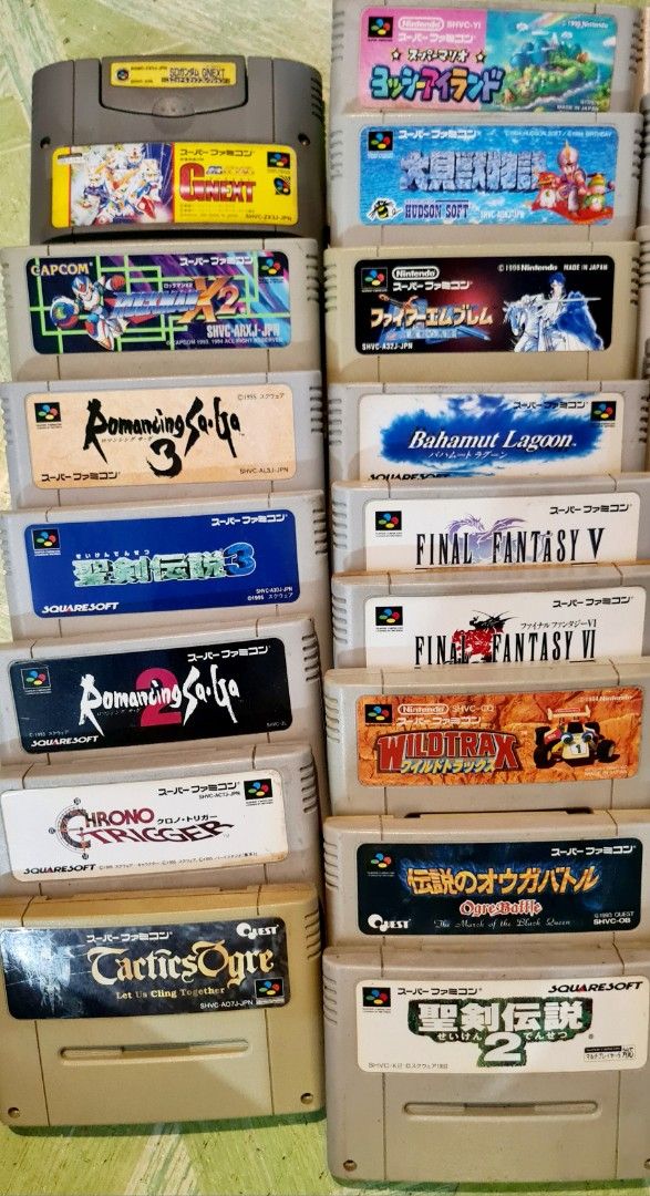Super Nintendo and Super Famicom Games (Category: Nintendo) located in Manila. Submitted by cats_and_dogs_charity (Listing ID 1467311701, Image 3). Description: - Massive bundle of SNES and Super Famicom game cartridges - Includes iconic titles: Chrono Trigger, Final Fantasy V & VI, Ogre Battle, Romancing SaGa series, Donkey Kong Country, Street Fighter II Turbo, and Super Mario World - Mixed Japanese (Super Famicom) and US (SNES) versions - Idea