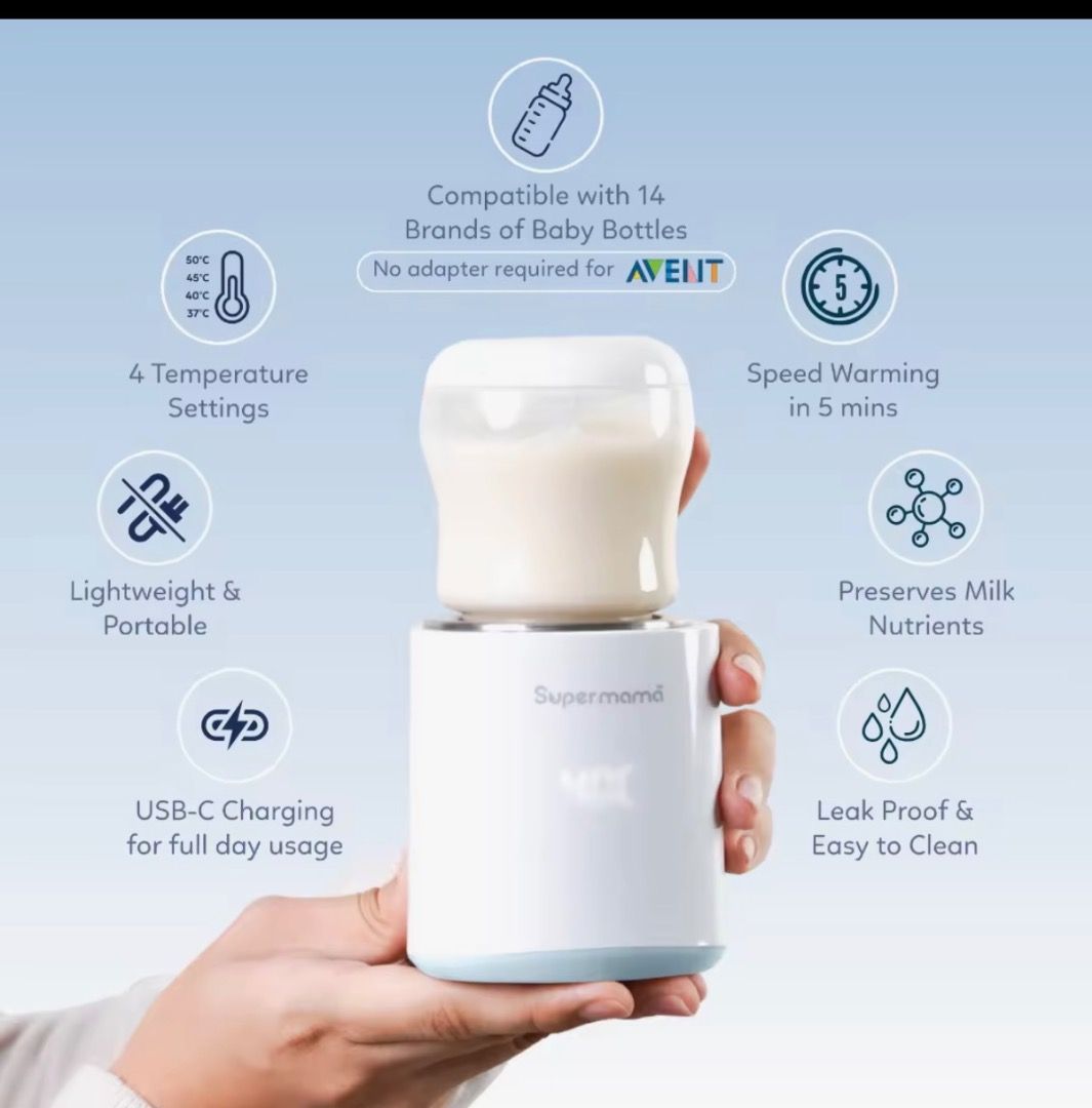 Supermama Lab Portable Milk Warmer Set (Category: Breastfeeding & Bottle Feeding) located in Caloocan City. Submitted by yassssy-410 (Listing ID 1467224577, Image 3). Description: - Cordless portable milk warmer ideal for feeding on the go - Heats milk quickly in about 5 minutes - 4 adjustable temperature settings to suit your preference - Convenient USB-C charging capability - Secure, leak-proof build - Direct fit for Avent bottles with extra ad