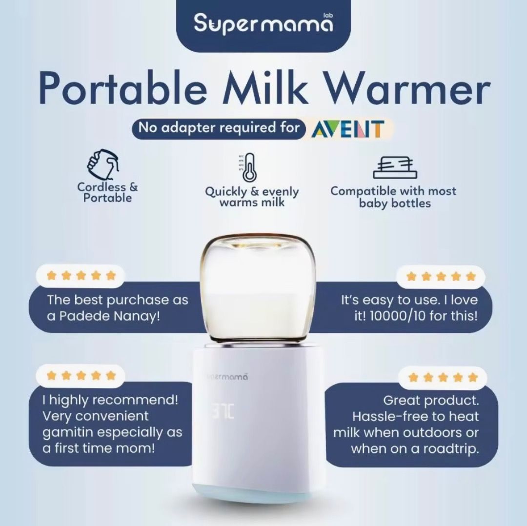 Supermama Lab Portable Milk Warmer Set (Category: Breastfeeding & Bottle Feeding) located in Caloocan City. Submitted by yassssy-410 (Listing ID 1467224577, Image 2). Description: - Cordless portable milk warmer ideal for feeding on the go - Heats milk quickly in about 5 minutes - 4 adjustable temperature settings to suit your preference - Convenient USB-C charging capability - Secure, leak-proof build - Direct fit for Avent bottles with extra ad