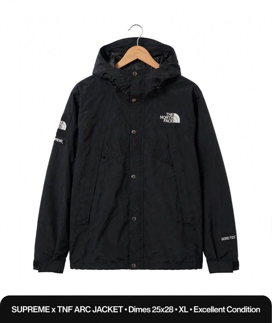 Supreme x The North Face Arc Logo Mountain Jacket (Category: Coats, Jackets and Outerwear) located in Lucena. Submitted by jestonioab55753 (Listing ID 1467293468, Image 1). Description: - Brand: Supreme x The North Face - Style: Gore-Tex Waterproof Jacket - Color: Black - Size: XL - Details: Tonal arc logo across the chest, sleeve patches, full zip with snap storm flap, adjustable hood, and Velcro cuffs - Measurements: 25" pit-to-pit, 28" length 