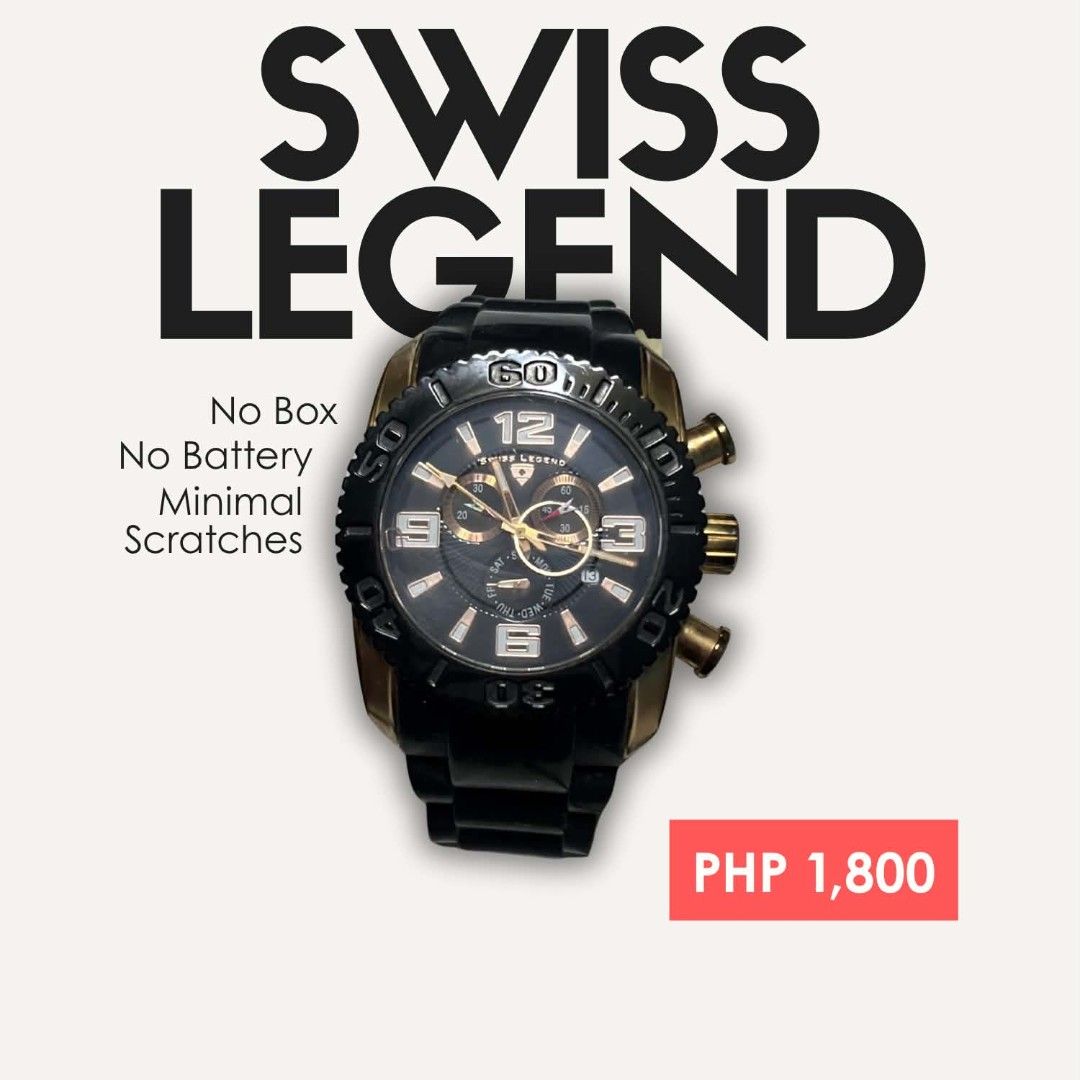 Swiss Legend Watch Black Gold (Category: Men's Watches) located in Manila. Submitted by razorhail776341 (Listing ID 1467199073, Image 1). Description: - Brand/Model: Swiss Legend Watch - Colorway: Elegant black and gold - Dial: Chronograph with gold markers - Band: Metal link bracelet - Condition: Minimal scratches from previous wear, selling as-is - Inclusion: No box included - Note: Needs a new battery.
