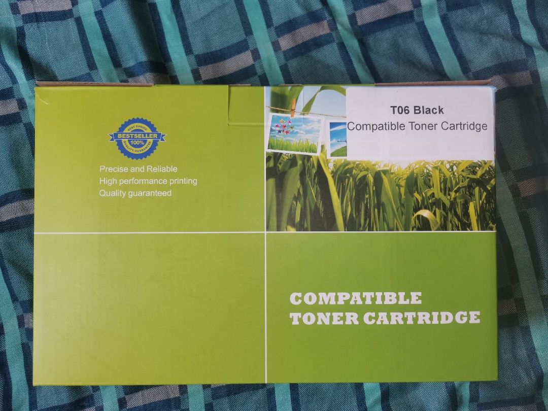 T06 Black Compatible Toner Cartridge (Category: Printers, Scanners & Copiers) located in Paranaque City. Submitted by nathanielsan (Listing ID 1467244975, Image 3). Description: - Item: T06 Black Compatible Toner Cartridge - Condition: Unused and stored properly - Packaging: Original box included, inner protection bag intact - Compatibility: Great replacement for home or office printers - Value: Cost-effective alternative to original cartridges.