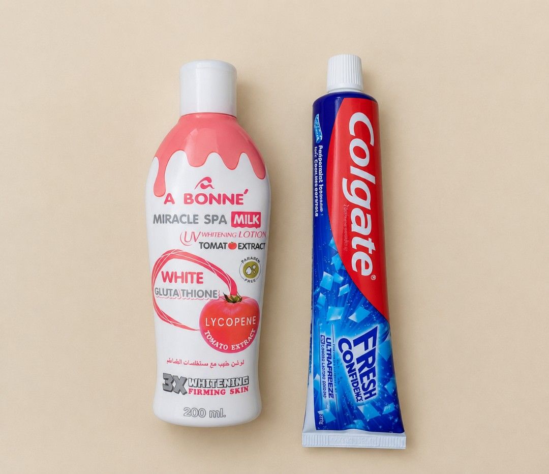 TAKE ALL (Category: Body Care) located in Manila. Submitted by maxinesotto (Listing ID 1467213192, Image 1). Description: Bundle includes two lipsticks, A Bonné miracle spa milk lotion, and Colgate Fresh Confidence toothpaste. One lipstick is Color21 Iconic in a deep berry shade with a clear cap. Second lipstick is Daishhao Lipstick in a warm brown shade with a black tube. A Bonné lotion bottle holds 200 ml, featuring tomato extract and white glu