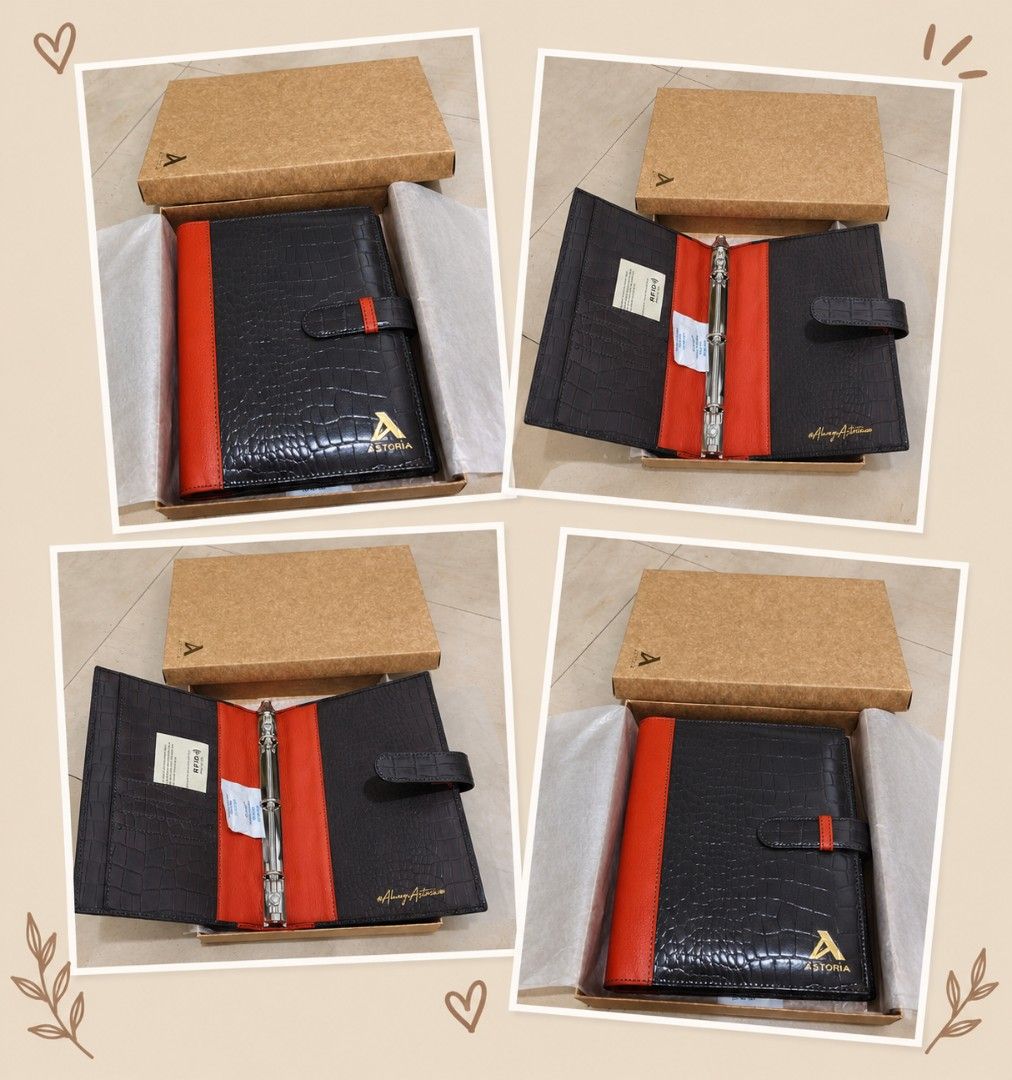 TAKE ALL (Category: Stationery & School Supplies) located in Manila. Submitted by maxinesotto (Listing ID 1467213229, Image 1). Description: Black croc-pattern organizer binder with bright red contrast strip. Astoria branding in gold lettering on the front and inside. Metal 6-ring binder mechanism inside with slots for cards and RFID protection card included. Comes packed in the original brown cardboard box with protective wrapping tissue paper i