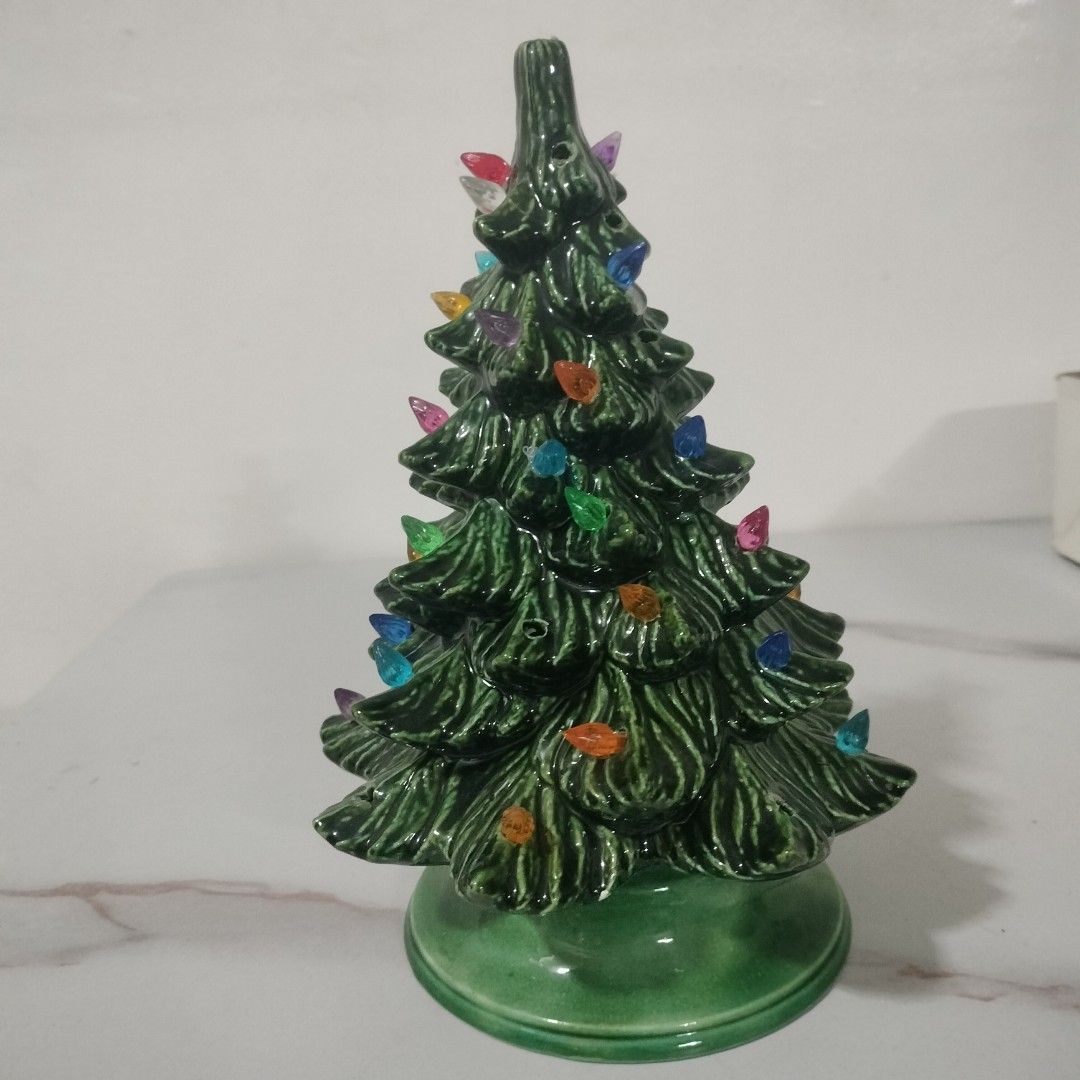 Take all Christmas Tree Decor Bundle With Ornaments and Hallmark Boxes (Category: Vintage Collectibles) located in Angeles City. Submitted by hellokittysanta (Listing ID 1467360786, Image 1). Description: Ceramic green Christmas tree lamp with colorful plastic lights and power cord included. Extra clear glass tree sections, candle holder, and a small glass cup. Includes two Hallmark Keepsake Christmas ornament boxes, Child's Fifth Christmas and W