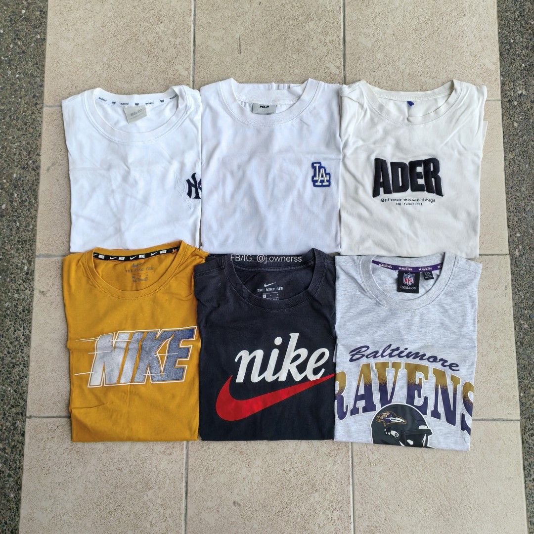 TAKE ALL MLB NIKE ADER NFL TSHIRT (Category: Tshirts & Polo Shirts ) located in Pasig City. Submitted by j.ownerss (Listing ID 1467302022, Image 2). Description: FOR SALE‼️ MLB NIKE ADER NFL TSHIRTS ‼️ ₱1000 ONLY (For take all) Best fit to medium Condition: Used (aside from NFL Tshirt) 19-21 width Pickup: Allegra Garden Place Pasig Delivery via Lalamove or J&T courier, strictly payments first thru GCash or MariBank Open for reservation up to 1 we