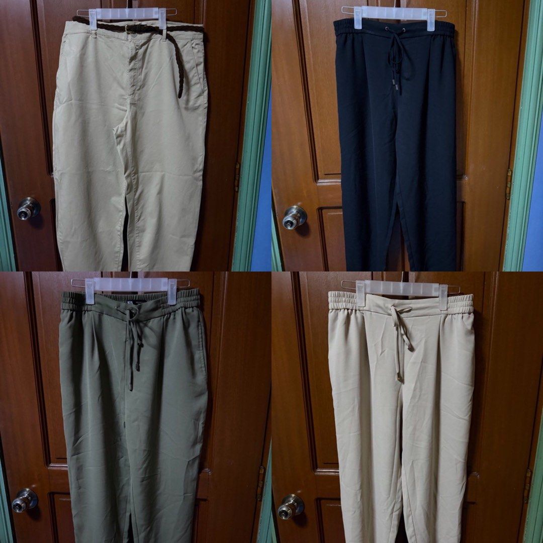 TAKE ALL! ZARA Casual Pants Bundle Trousers (Category: Jeans) located in Pasig City. Submitted by aprilluxcloset0812 (Listing ID 1467358644, Image 1). Description: - Bundle of 4 pairs of pants - Includes Zara trousers with drawstrings and a beige belted pair - Colors: Black, olive green, and cream - Comfortable elastic waistbands and relaxed fit - Easy to mix and match for daily outfits - Clean items, ready to wear RFS: decluttering EVERYTHING MU