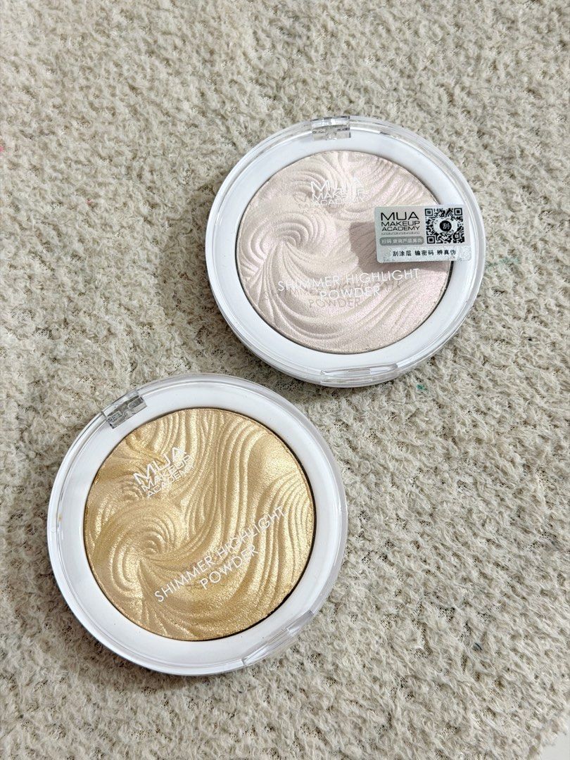 TAKE BOTH MUA Makeup Academy Shimmer Highlight Powder (Category: Makeup) located in Paranaque City. Submitted by khamsay (Listing ID 1467273622, Image 1). Description: - Brand: MUA Makeup Academy - Product: Shimmer Highlight Powders (Set of 2) - Shades: Peach Diamond and Golden Scintillation - Size: 8 grams per compact - Condition: Brand new, unused with authentic sticker on top lid - Features: Lightweight formula with luminescent shimmer and emb