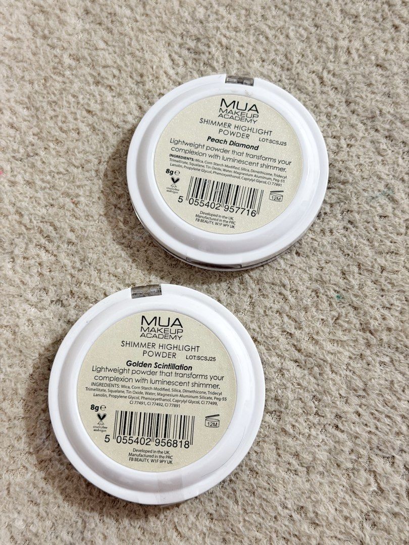 TAKE BOTH MUA Makeup Academy Shimmer Highlight Powder (Category: Makeup) located in Paranaque City. Submitted by khamsay (Listing ID 1467273622, Image 2). Description: - Brand: MUA Makeup Academy - Product: Shimmer Highlight Powders (Set of 2) - Shades: Peach Diamond and Golden Scintillation - Size: 8 grams per compact - Condition: Brand new, unused with authentic sticker on top lid - Features: Lightweight formula with luminescent shimmer and emb