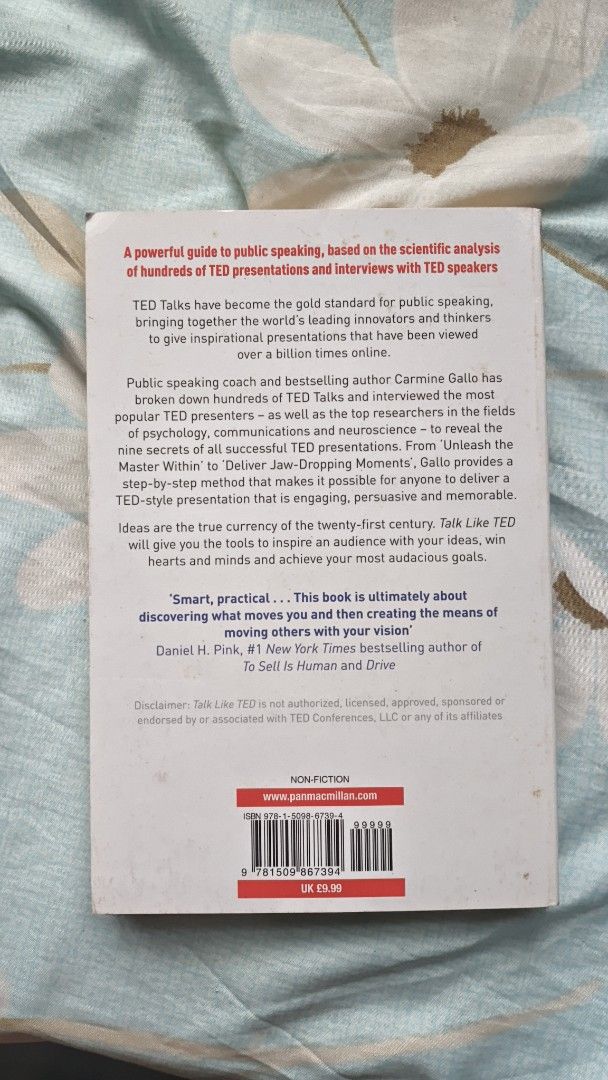 Talk Like TED by Carmine Gallo (Category: Storybooks) located in Quezon City. Submitted by zemogs (Listing ID 1467185674, Image 3). Description: - Title: Talk Like TED - Author: Carmine Gallo - Format: Paperback (Pan Books edition) - ISBN: 978-1-5098-6739-4 - Highlights public speaking secrets from top TED presentations - Excellent book for improving your communication and presentation skills Authentic and Pan Books Edition Meet up anywhere aroun