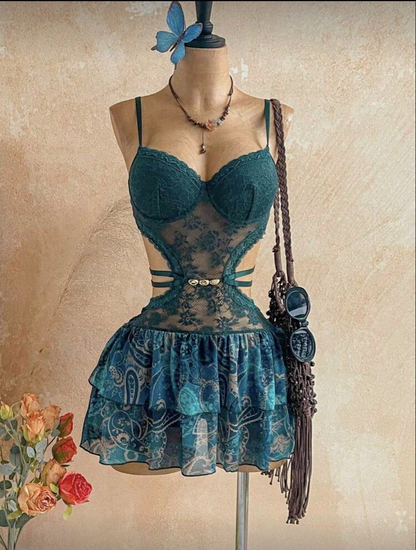 Teal Lace Corset Mini Dress/Romper (Category: Rompers) located in Manila. Submitted by angelsweetcakes (Listing ID 1467220122, Image 3). Description: teal lace corset dress 💙 cute paisley skirt with a flowy fit. perfect for beach .