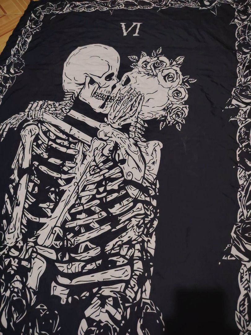 "THE LOVER" SKELETON WALL TAPESTRY // Height 5'7 (Category: Scarves) located in Legazpi City. Submitted by urbangarmentsarch4500 (Listing ID 1467321695, Image 2). Description: "THE LOVER" SKELETON WALL TAPESTRY Excellent to As New Condition Color dark sacramento green Size mas matangkad pa sakin (Check last pic) NO ISSUE 👾 Pang panyo ang tela GRAB 550 (Automatically YOURS)⛓️ --- ‼️w/ FREE STICKERS FOR EVERY PURCHASE⁉️ 🛒🛒🛒 BUY. SELL. TRADE. CO