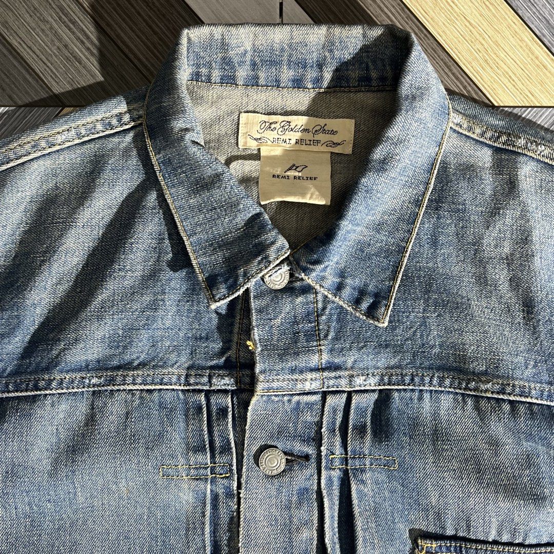 THE REMI RELIEF Type 1 Denim Jacket (Category: Coats, Jackets and Outerwear) located in Daraga. Submitted by th3cliquejunks (Listing ID 1467229927, Image 2). Description: THE REMI RELIEF Type 1 Denim Jacket Tagged Size: Medium Condition: 9.5/10 No major flaw Made in: Japan Measurement: Pit to pit: 21” Length: 24” - 5,980 Dm!.