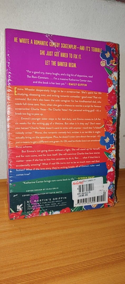 The Rom-Commers by Katherine Center (Category: Storybooks) located in Manila. Submitted by freestarbook (Listing ID 1467207802, Image 2). Description: - Title: The Rom-Commers by New York Times bestselling author Katherine Center - Format: St. Martin's Griffin paperback edition - Condition: Brand new, plastic-wrapped, and unopened - Price Tag: National Book Store tag still attached showing ₱695.00 - Synopsis: Follow Emma Wheeler as she lands a dr