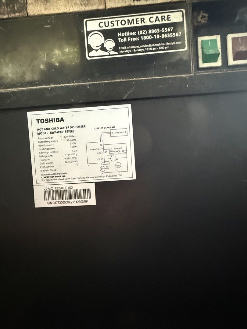 TOSHIBA HOT & COLD WATER DISPENSER (Category: Water Heater & Instant Showers) located in Manila. Submitted by erichannmateoo (Listing ID 1467185902, Image 3). Description: FOR SALE: TOSHIBA HOT & COLD WATER DISPENSER 💧 💰 Original Price: ₱11,000 📅 Purchased: 2021 Selling our Toshiba Hot & Cold Water Dispenser! ♨️❄️ Product Details: * ✅ Brand: Toshiba * ✅ Model: RWF-W1615BF(K) * ✅ Hot and Cold Water Dispenser * ✅ Rated Voltage: 220–240V * ✅ Heat