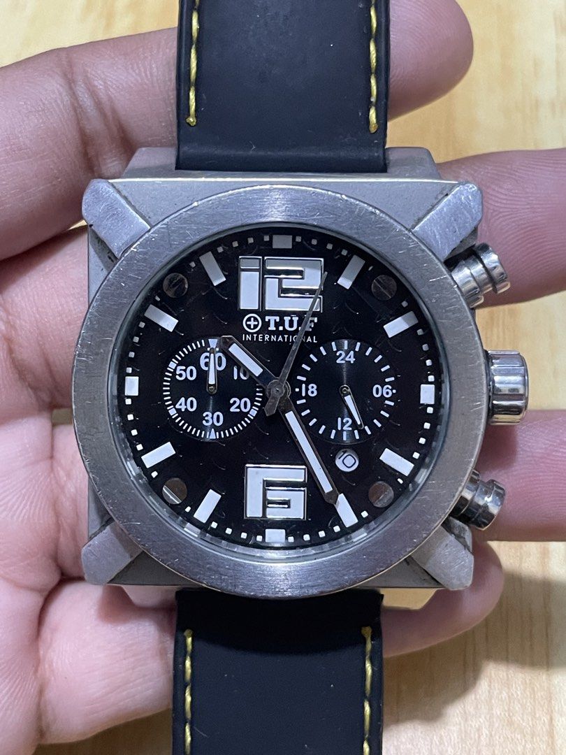T.U.F International Chronograph (Category: Men's Watches) located in Taguig. Submitted by tester1x (Listing ID 1467255203, Image 2). Description: T.U.F International Chronograph Japan Mov’t TW0174 Quartz Black Dial All Stainless Steel 41mm Replacement Rubber Strap Replacement Buckle .