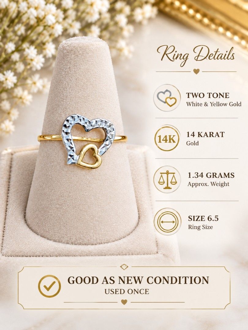 Two Tone Heart Ring(14k pawnable) (Category: Rings) located in Caloocan City. Submitted by fastfox_316d35 (Listing ID 1455856620, Image 1). Description: - Adorable ring featuring two intertwined hearts. - One heart is white-tone with a unique textured finish. - The other heart is a classic gold-tone. - The band is also gold-tone, completing the look. - Lightweight and comfortable at only 1.34 grams. - Ideal for everyday fashion or a thoughtful gi