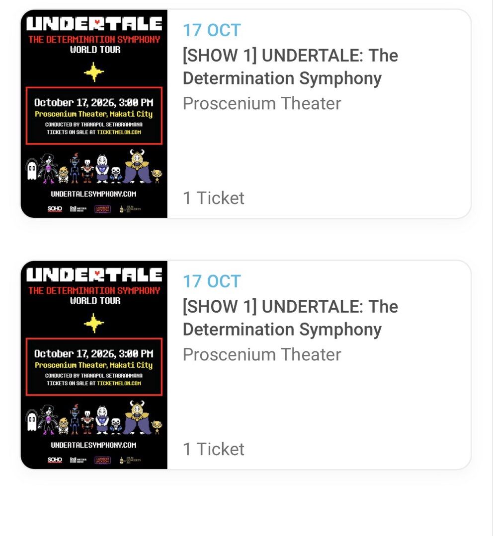 Undertale Symphony Tier B Tickets for TRADE (Category: Events Tickets) located in Manila. Submitted by eddiemation (Listing ID 1467189392, Image 2). Description: Looking for 7pm 18 October tickets. Reason: I’d love to go with my friends and our schedules our conflicting Please dm for more info!.