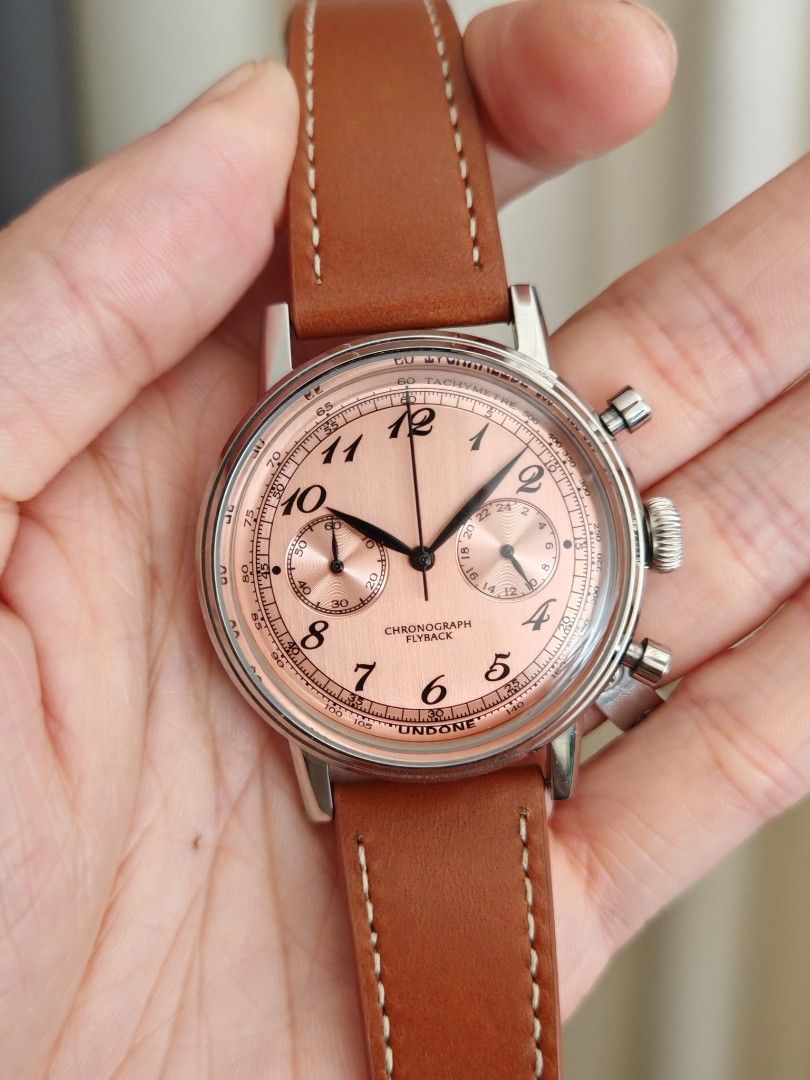 Undone Vintage Salmon Chronograph (Category: Men's Watches) located in San Juan City. Submitted by MW_888 (Listing ID 1467059152, Image 2). Description: Undone Vintage Salmon Chronograph 40mm Quartz 9/10 condition Inclusions: watch, original leather strap with original buckle, guarantee certificate and box *photo reference on 6.5" wrist 18.5k.