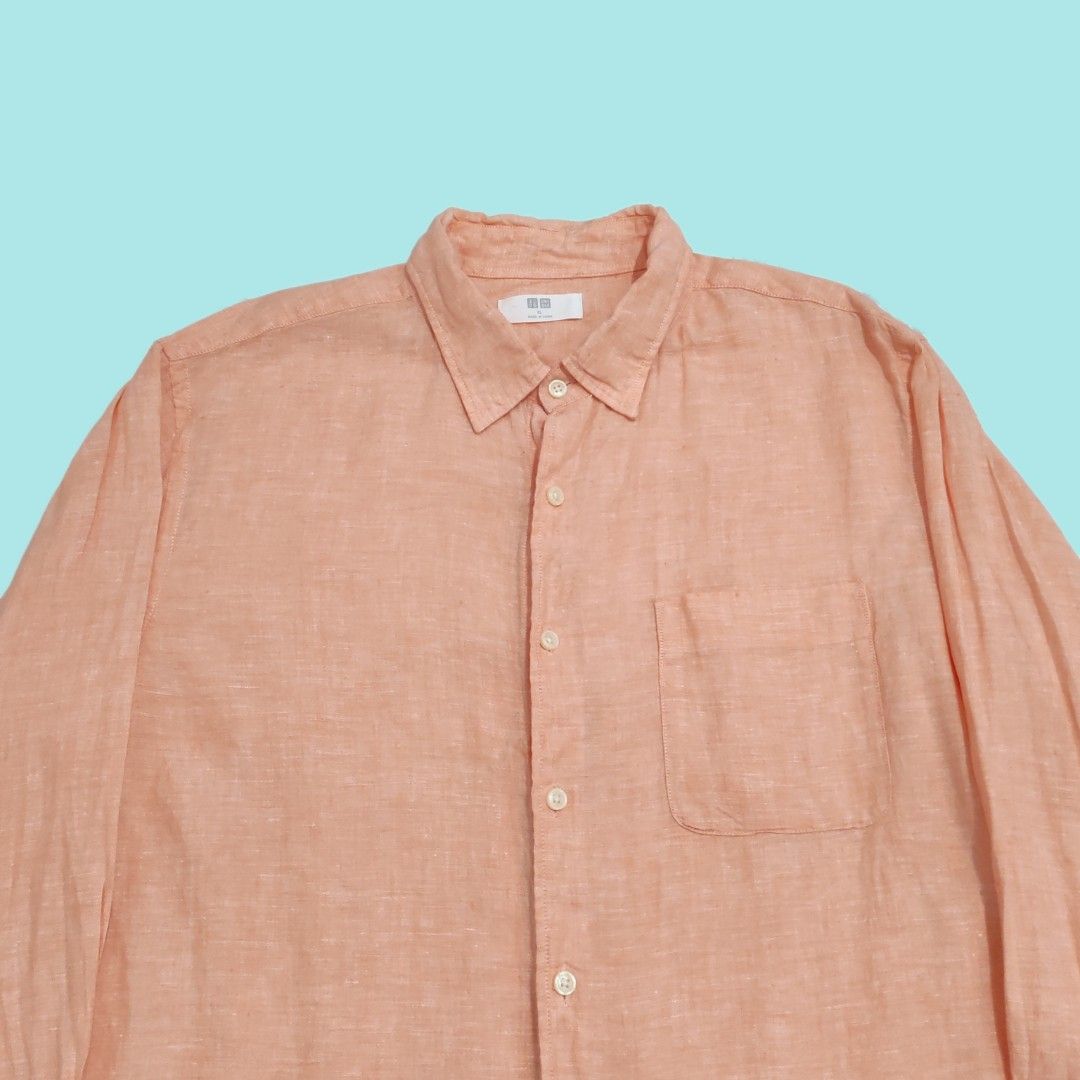 Uniqlo 100% Linen button up shirts (Category: Tshirts & Polo Shirts ) located in Tarlac. Submitted by senkustuff (Listing ID 1467312968, Image 2). Description: - Brand: Uniqlo - Color: Peach - Material: 100% Linen (lightweight & breathable) - Size: XL (Chest: 104-112cm, Height: 180/108B) - Features: Standard collar, single chest pocket, buttoned cuffs - Condition: Clean, like-new with spare buttons attached on inner tag - Origin: Made in China Di