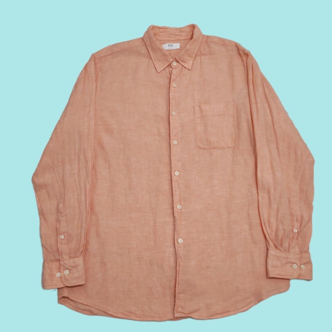 Uniqlo 100% Linen button up shirts (Category: Tshirts & Polo Shirts ) located in Tarlac. Submitted by senkustuff (Listing ID 1467312968, Image 1). Description: - Brand: Uniqlo - Color: Peach - Material: 100% Linen (lightweight & breathable) - Size: XL (Chest: 104-112cm, Height: 180/108B) - Features: Standard collar, single chest pocket, buttoned cuffs - Condition: Clean, like-new with spare buttons attached on inner tag - Origin: Made in China Di