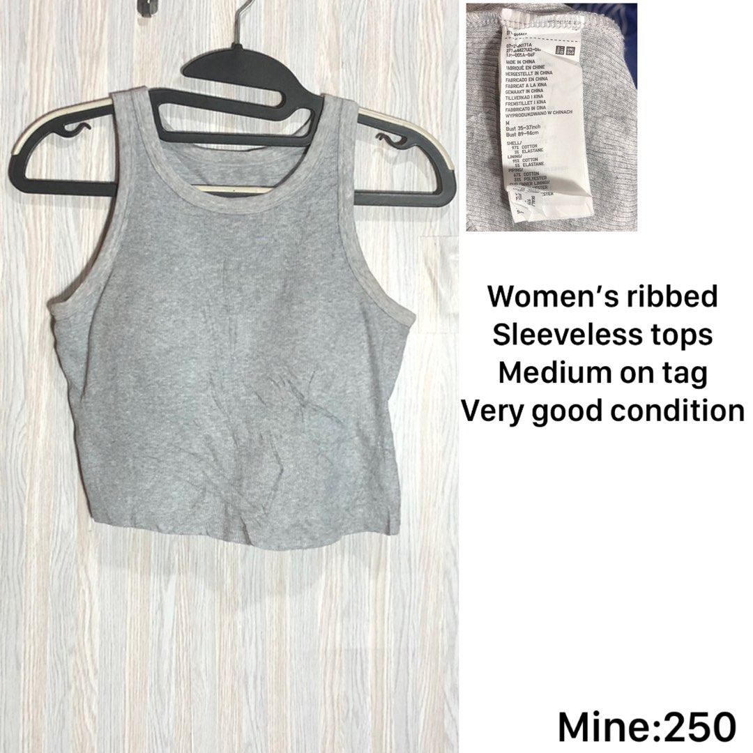 Uniqlo Ribbed Sleeveless Top Grey Medium (Category: Sleeveless) located in Montevista. Submitted by rdthriftshub (Listing ID 1467255769, Image 1). Description: - Brand: Uniqlo - Item: Ribbed Sleeveless Top - Color: Grey - Size: Medium (Bust: 35-37 inches / 89-94 cm) - Material: Shell (97% cotton, 3% elastane), Lining (95% cotton, 5% elastane) - Condition: Very good, ready to wear.
