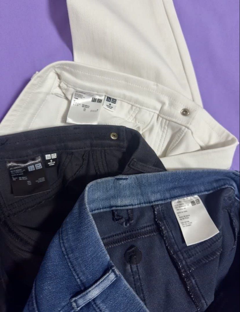 Uniqlo Ultra Stretch Jeans (Category: Jeans) located in Quezon City. Submitted by ziannag (Listing ID 1467196435, Image 2). Description: - Bundle of 3 versatile Uniqlo Ultra Stretch pants - Colors & Sizes: Blue Denim (Small), Dark Navy Black (Small), White (Medium) - Super stretchy and comfortable for all-day wear - Includes functional back pockets on all pairs - Great staple pieces to easily mix and match for any outfit.