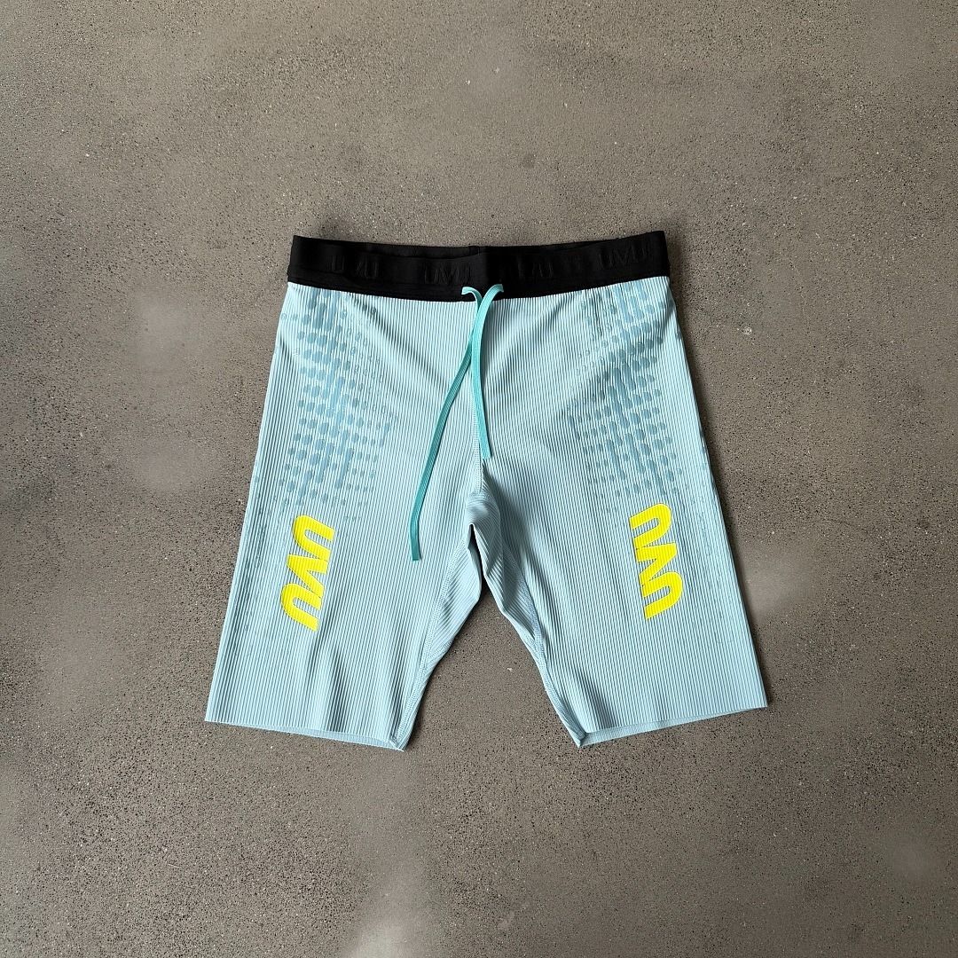 UVU London Tights - V2 (Category: Activewear) located in Manila. Submitted by cessy.runs (Listing ID 1467225508, Image 2). Description: Brand new UVU running tights in light blue with neon yellow logos, a black waistband, and a turquoise drawstring. Made from textured ribbed fabric, still sealed in its original packaging with tags attached. Exclusive London '26 Marathon drop. Message for sizes. Also, run like Jake 🥰.