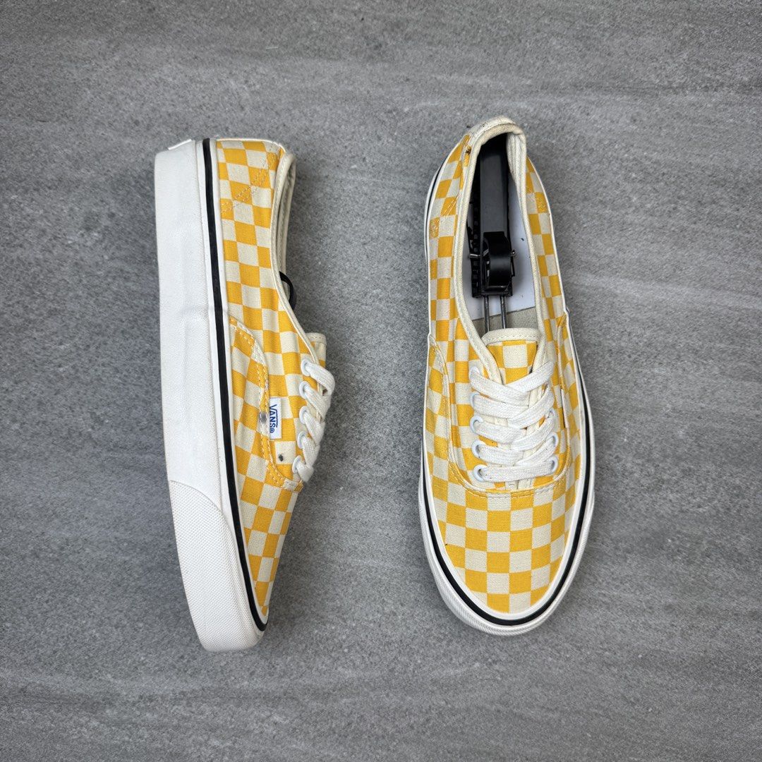 Vans Authentic Yellow Checkerboard Sneakers (Category: Shoe inserts & accessories) located in Manolo Fortich. Submitted by thrift_by_biji (Listing ID 1467266251, Image 2). Description: - Brand/Model: Vans Low Top Sneakers - Color/Pattern: Yellow & White Checkerboard - Material: Durable canvas upper with classic lace-up design - Sole: White rubber sole with signature waffle traction (minimal wear, tons of grip left) - Flaw: Small spot on the upper