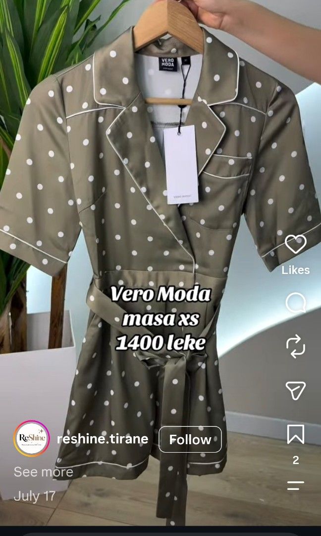 Vero moda polka dot romper L (Category: Rompers) located in Subic. Submitted by petitecorner22 (Listing ID 1467284115, Image 1). Description: silk/satin Polka dot olive is green side pockets pretty length 32 bust up to 40 waist 32 missing belt.