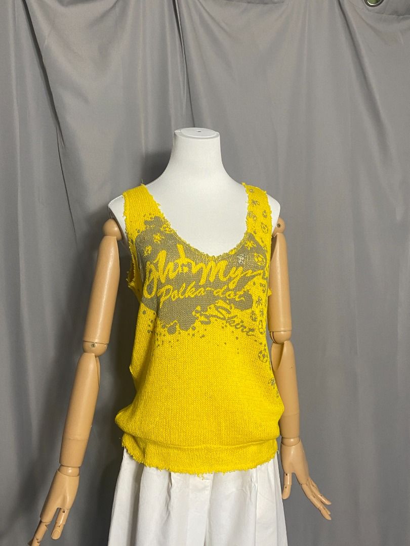 Vibrant yellow sleeveless knit top (Category: Sleeveless) located in Las Pinas. Submitted by ipickyou (Listing ID 1467334745, Image 3). Description: Unwashed Condition: 10/10 𝗠𝗲𝗮𝘀𝘂𝗿𝗲𝗺𝗲𝗻𝘁𝘀 𝘄𝗵𝗲𝗻 𝗹𝗮𝗶𝗱 𝗳𝗹𝗮𝘁: -Size 38 -Armpit to armpit: 18” -Length: 25” .