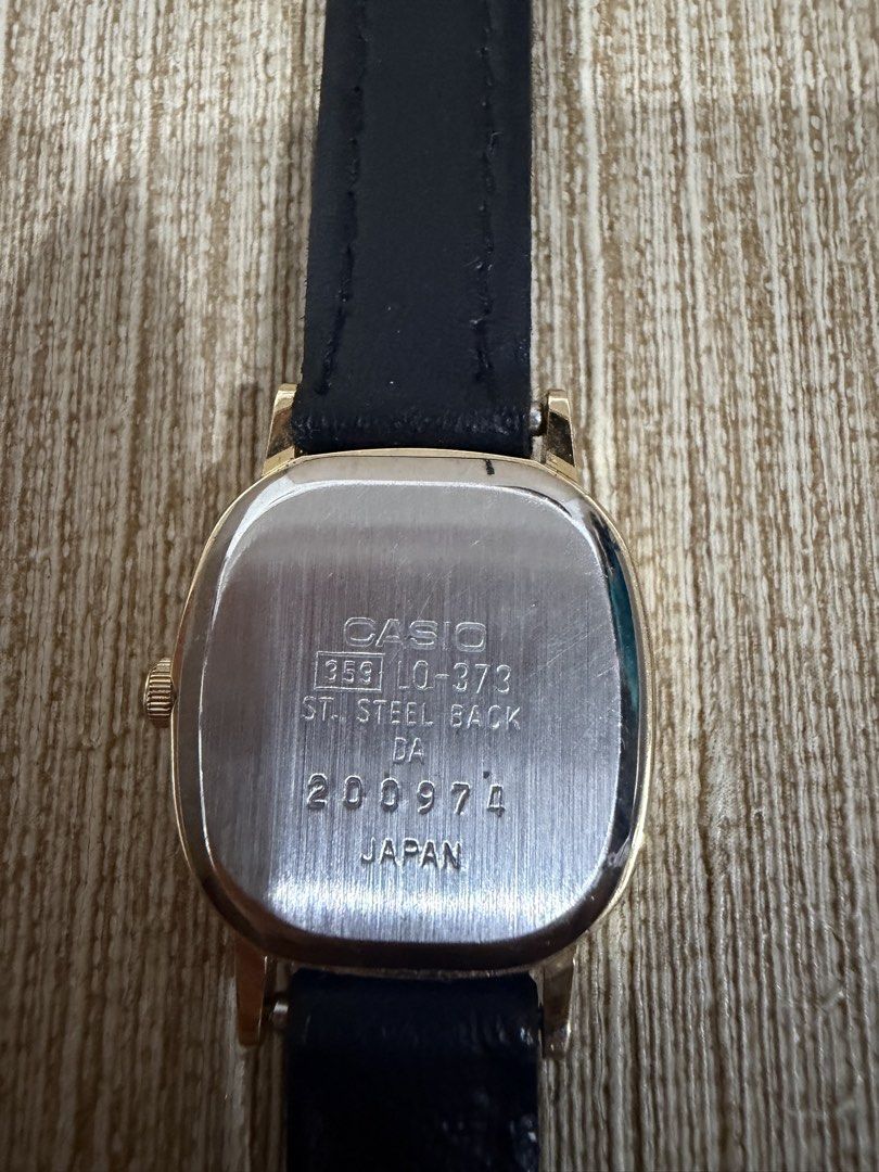 Vintage casio wmns watch (Category: Luxury Watches) located in Cabuyao City. Submitted by mhikethrifters (Listing ID 1467242181, Image 2). Description: Vintage casio dress watch(womens) Model:casio 101a1-783 Gold-black dial Japan movement Pristine condition Authentic No issue! For only 1750+shipping fee Pm me for more details.