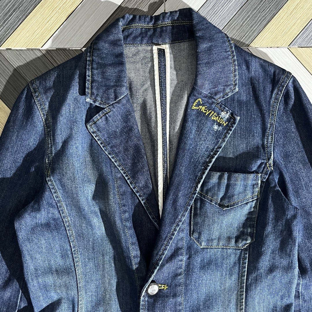 Vintage Chevignon Denim Tailored Jacket (Category: Coats, Jackets and Outerwear) located in Daraga. Submitted by th3cliquejunks (Listing ID 1467232360, Image 2). Description: Vintage Chevignon Denim Tailored Jacket Size Medium to Large Good Condition No major flaw, Need Wash only. Measurement: Pit to pit: 19” Length: 28” - 1,580 Dm!.