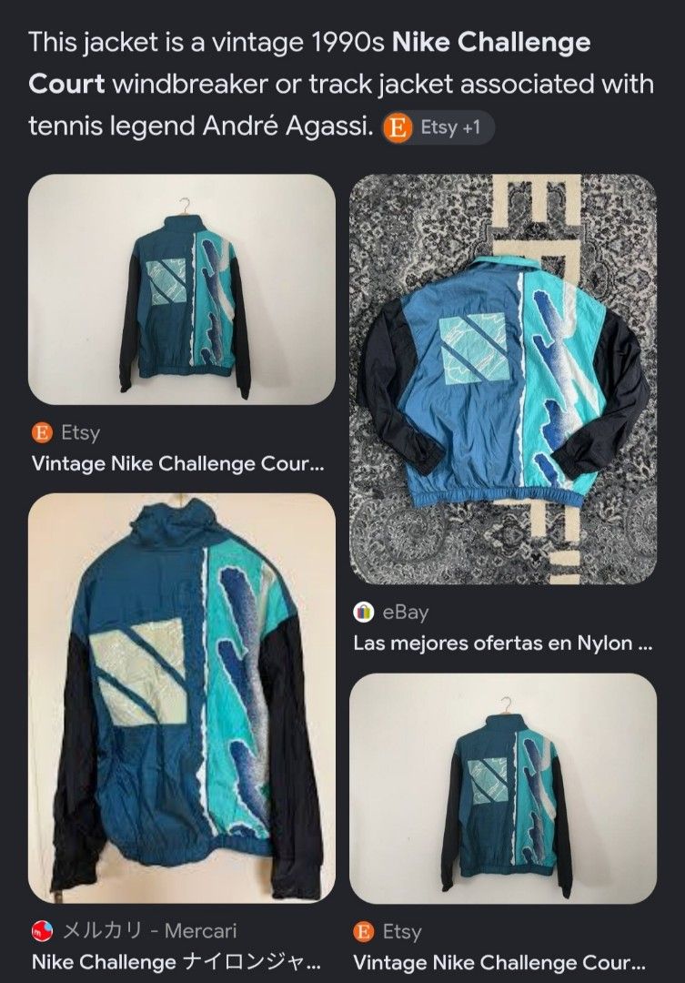 Vintage Nike Challenge Court Andre Agassi Windbreaker Jacket Medium (Category: Coats, Jackets and Outerwear) located in Cabuyao City. Submitted by jederama (Listing ID 1467272146, Image 3). Description: VINTAGE NIKE CHALLENGE COURT WINDBREAKER TENNIS LEGEND - ANDRÉ AGASSI SIZE : MEDIUM ON TAG WIDTH - 24 LENGTH - 25.5 GOOD AS NEW CONDITION NO ISSUE / NO FLAWS AUTHENTIC 1,900 + SHIPPING FEE.