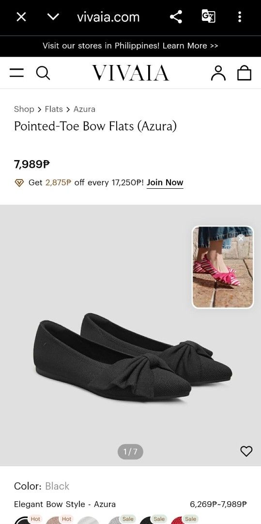 Vivaia Azura Pointed-Toe Bow Flats (Category: Flats & Sandals) located in San Fernando. Submitted by 888akifu (Listing ID 1467268713, Image 2). Description: ** Vivaia Azura Pointed-Toe Bow Flats ** Black ** Size 37.5 ** Very good condition ** 2,950 pesos only Buyer shoulders shipping cost. Payment first basis only.