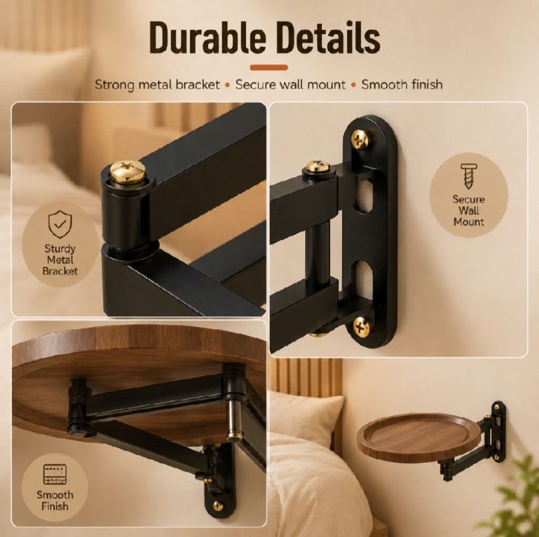 Wall Mounted Folding Side Table Swivel Bedside Shelf Space Saving Floating Tray for Bedroom (Category: Tables & Sets) located in General Santos City (Dadiangas). Submitted by momntrepreneur (Listing ID 1467295265, Image 3). Description: brandnew /never used.