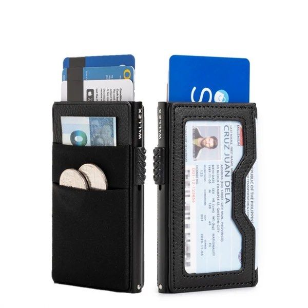 Wallex Pop Up Wallet Black (Category: Luxury Bags & Wallets) located in Taguig. Submitted by appweard (Listing ID 1467308082, Image 2). Description: Wallex Pop Up Wallet Black Aluminum Leather Press the trigger and your cards fan out in order. Cards inside the aluminum slider receive RFID protection, while the clear ID window keeps a transit or access card ready to tap without removing it. * Slider fits 6 flat or 4 embossed cards * Clear ID windo