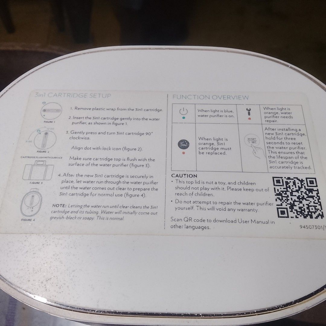 Wells Sphere 3-in-1 Water Purifier (Category: Water Purifiers & Dispensers) located in Manila. Submitted by anthonypae26185 (Listing ID 1467362265, Image 2). Description: - Product: Wells Sphere Water Purifier (White) - Condition: Kept clean and working great - Included: Main cylindrical unit, 3-in-1 replacement cartridge, power adapter, and water tubing attachment - Easy Setup: Instructions printed directly on the top lid for quick installation 