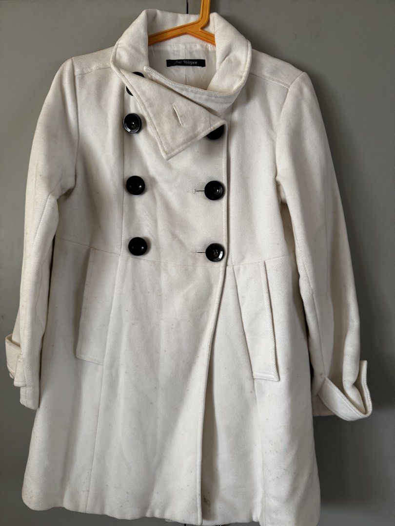White Double-Breasted Wool Peacoat with Black Buttons (Category: Coats, Jackets and Outerwear) located in Quezon City. Submitted by by.previouslyowned (Listing ID 1467183894, Image 1). Description: PRICE IS NEGOTIABLE Size: Small - Medium Can send more pictures. .
