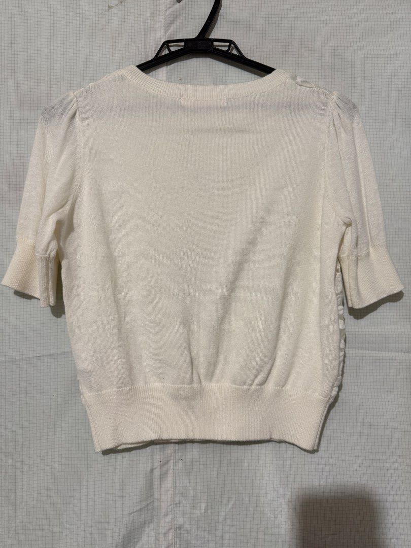 white knit floral blouse (Category: Blouses) located in Quezon City. Submitted by riexomt (Listing ID 1467271961, Image 2). Description: - brand: IMAGE (from japan) - white sheer front panel with embroidered flower patterns, plain knit back - lightweight and comfortable knit - perfect for office, school, or casual days.