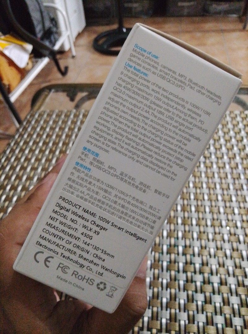 WLX-X9 100W Smart Intelligent Digital Wireless Charger (Category: Chargers & Cables) located in Makati City. Submitted by kervstaniegra (Listing ID 1467234579, Image 2). Description: - Model: WLX-X9 (Shenzhen Wanlongxin Electronics Technology) - Total Power: 100W massive output - Ports: 9 charging ports total - Fast Charging: Supports Power Delivery (PD) and Quick Charge (QC 3.0) - Wireless Charging: Up to 15W max - Smart Feature: Built-in digita