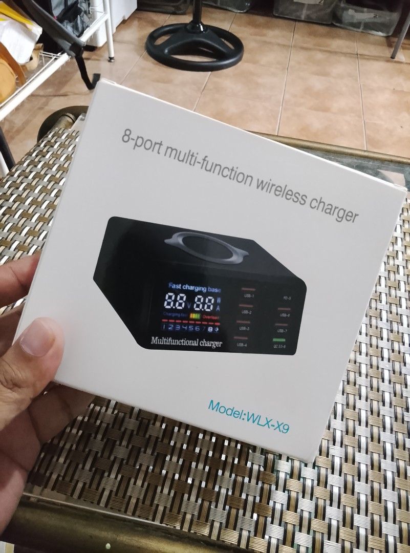 WLX-X9 100W Smart Intelligent Digital Wireless Charger (Category: Chargers & Cables) located in Makati City. Submitted by kervstaniegra (Listing ID 1467234579, Image 1). Description: - Model: WLX-X9 (Shenzhen Wanlongxin Electronics Technology) - Total Power: 100W massive output - Ports: 9 charging ports total - Fast Charging: Supports Power Delivery (PD) and Quick Charge (QC 3.0) - Wireless Charging: Up to 15W max - Smart Feature: Built-in digita