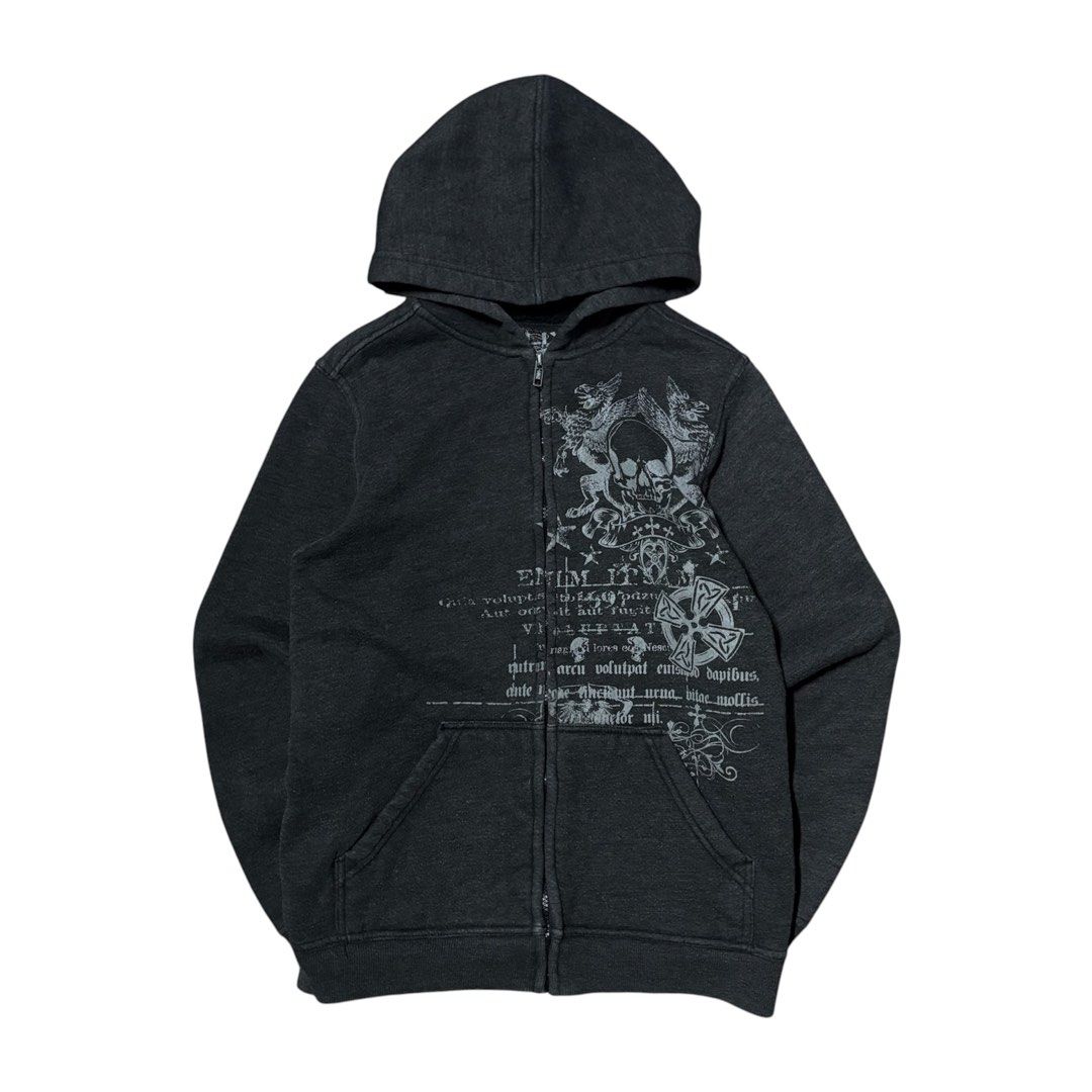 Y2k Helix Gothic Skull Jacket (Category: Coats, Jackets and Outerwear) located in Muntinlupa City. Submitted by rtyfck (Listing ID 1467348992, Image 1). Description: Y2k Helix Gothic Skull Jacket Details : •Width/Chest : 19 •Full Length : 24 •Shoulder : 14.5 •Sleeve Length : 23 •Hem : 18 •Size : L fits S •Issue : sign of use , loose stitch (dm for video) •Condition : Very Worn •₱1,280.