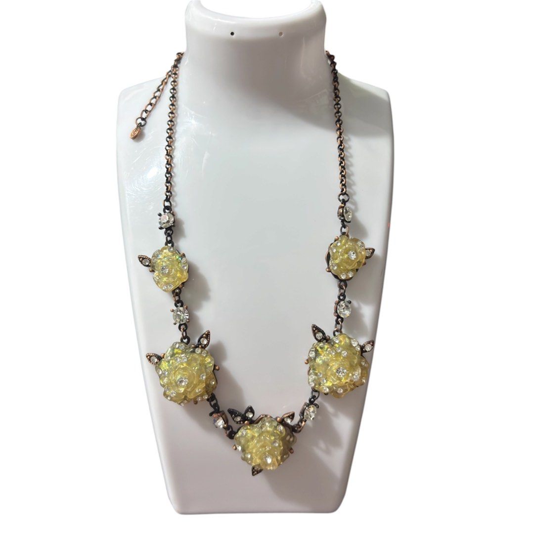Yellow rose-shaped floral Statement Necklace (Category: Necklaces) located in Paranaque City. Submitted by dalle_closet (Listing ID 1467318935, Image 1). Description: design niya ung mga may dark na color length: 16 to 20 inches.
