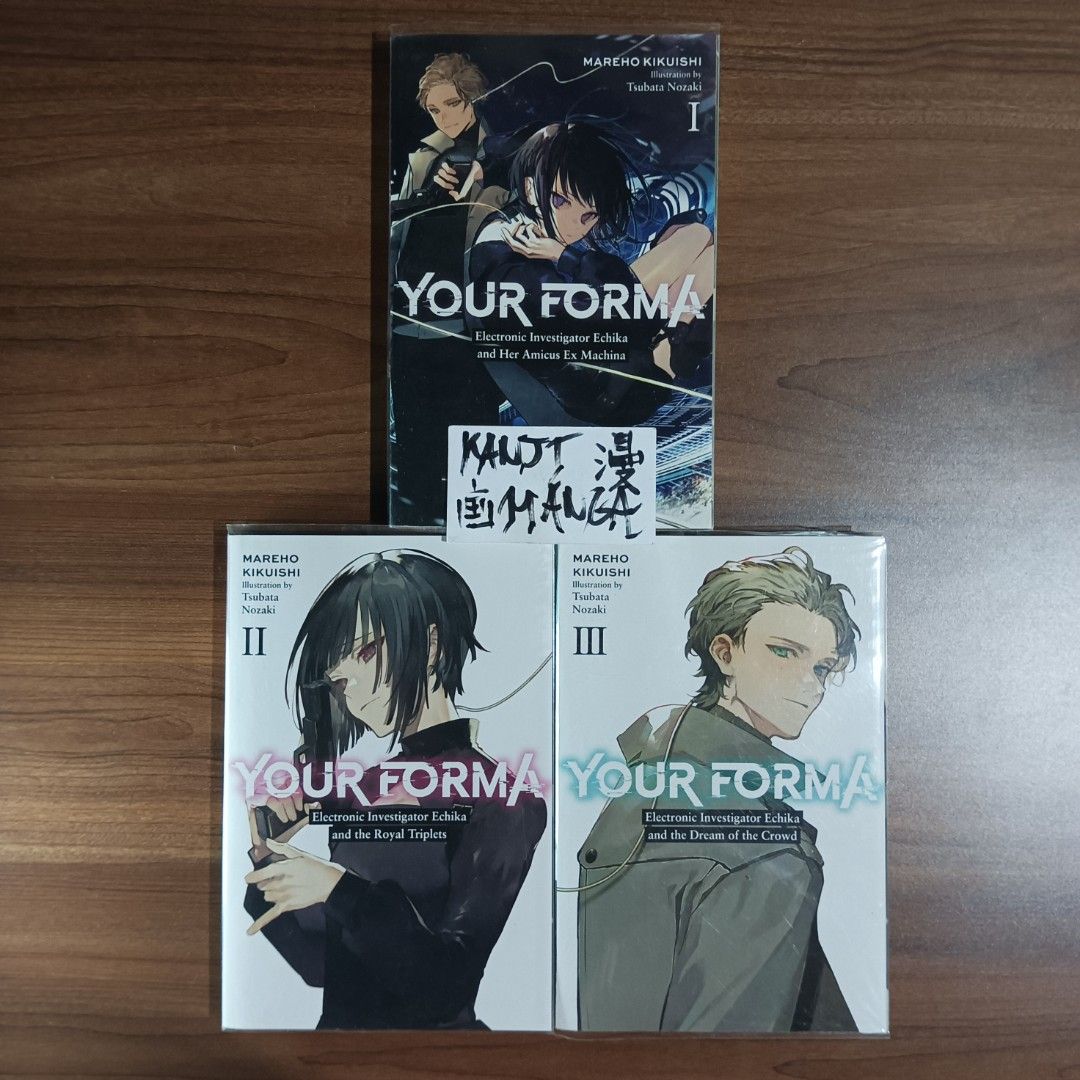 Your Forma Light Novel Volumes 1–3 Set (Category: Comics & Manga) located in Davao. Submitted by kanjimangaonlinestore (Listing ID 1467269494, Image 2). Description: • Your Forma (Light Novel), Vol. 1–3 Condition: Lightly Used Slight Yellowing Location: Davao City MOP: Gcash MOD: J&T / SPX.